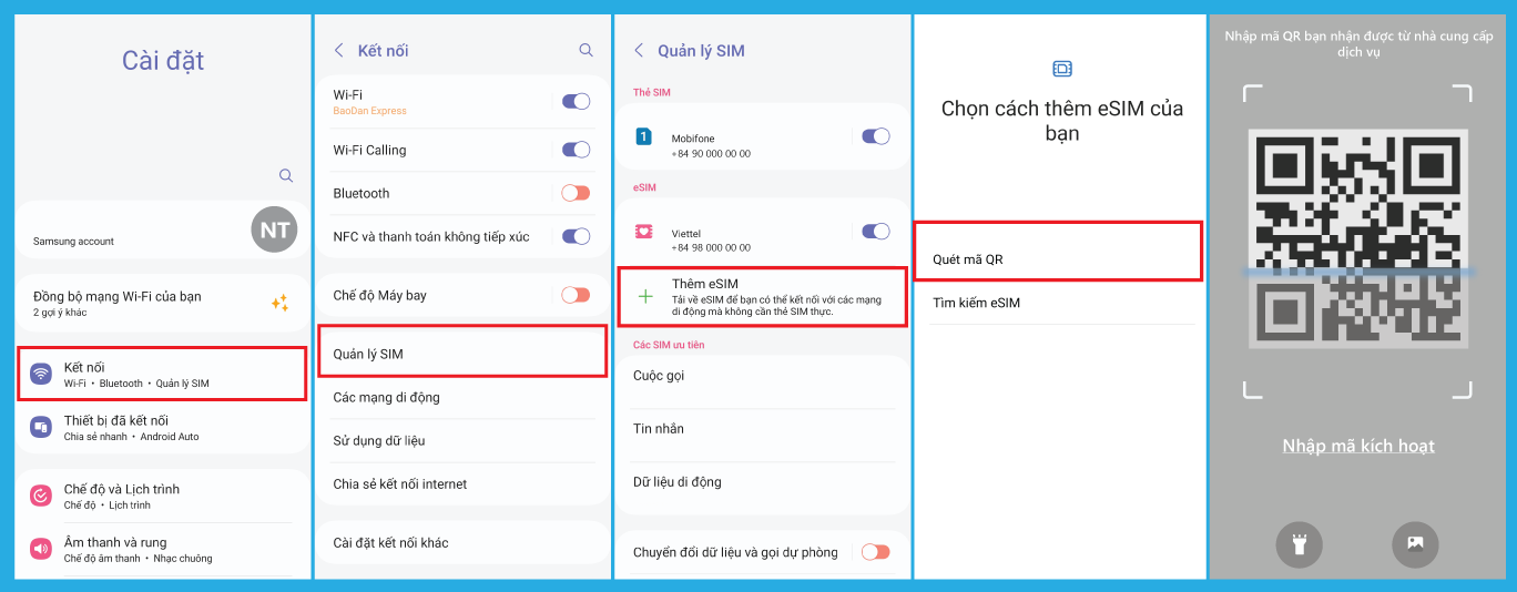 Cài đặt, Kết nối, Quản lý SIM, Thêm eSIM, Quét mã QR