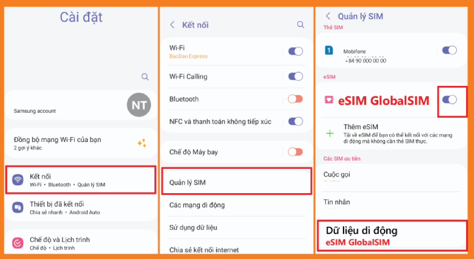 Bật eSIM GlobalSIM và đặt làm SIM dữ liệu di động