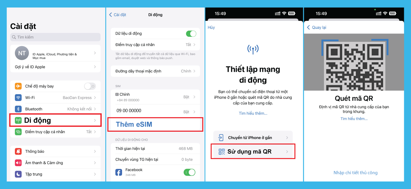 Mở Cài đặt, Di động, Thêm eSIM, Quét mã QR