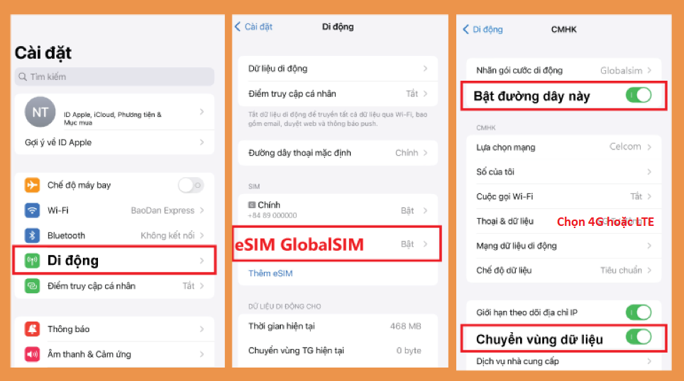Bật đường dây này và Chuyển vùng dữ liệu cho eSIM GlobalSIM