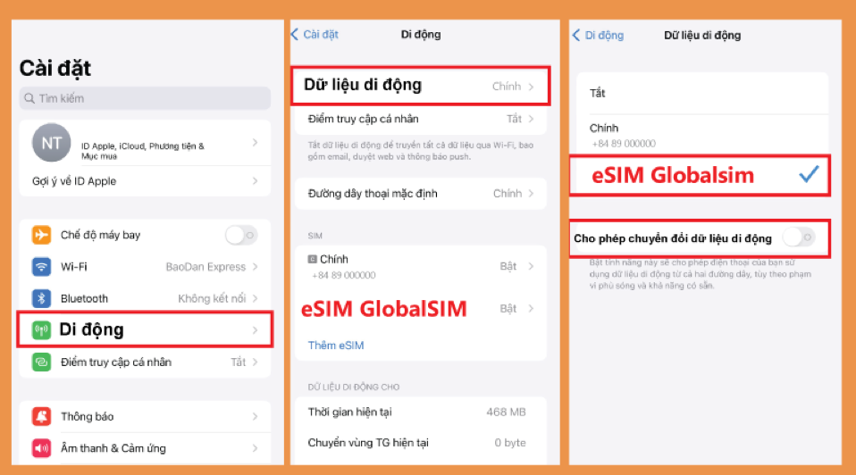 Chọn eSIM GlobalSim làm dữ liệu di động và tắt Allow Cellular Data Switching