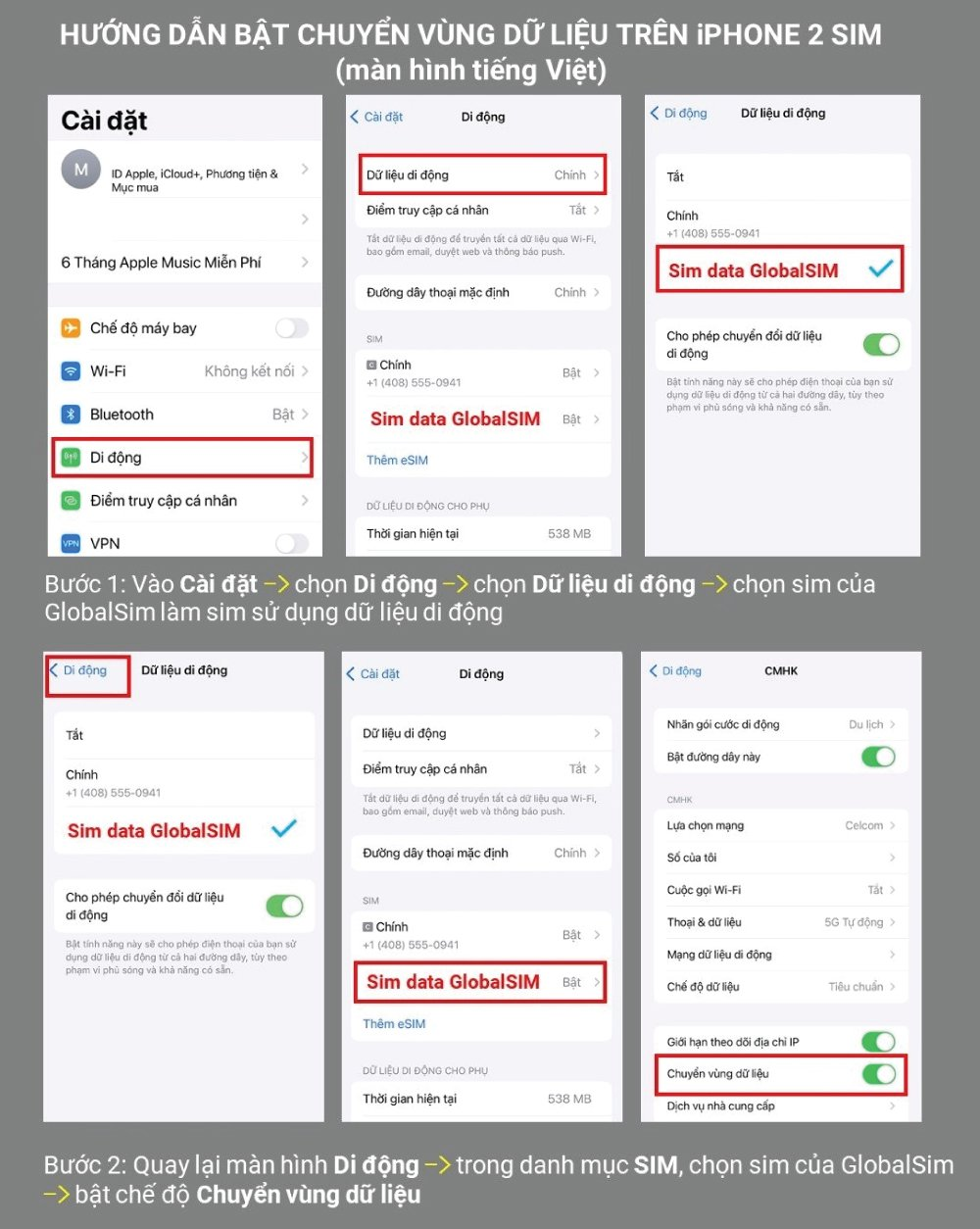 Bật Chuyển vùng dữ liệu trên iPhone 2 SIM: chọn GlobalSIM làm Cellular Data, rồi bật Data Roaming trong SIM
